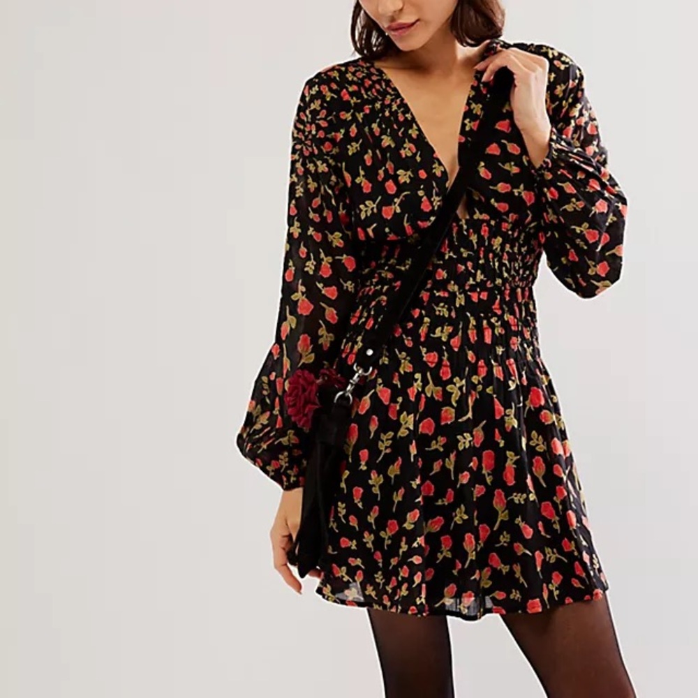 Free People Black Floral Rose Smocked Waist Mini Dress XS - Picture 5 of 5